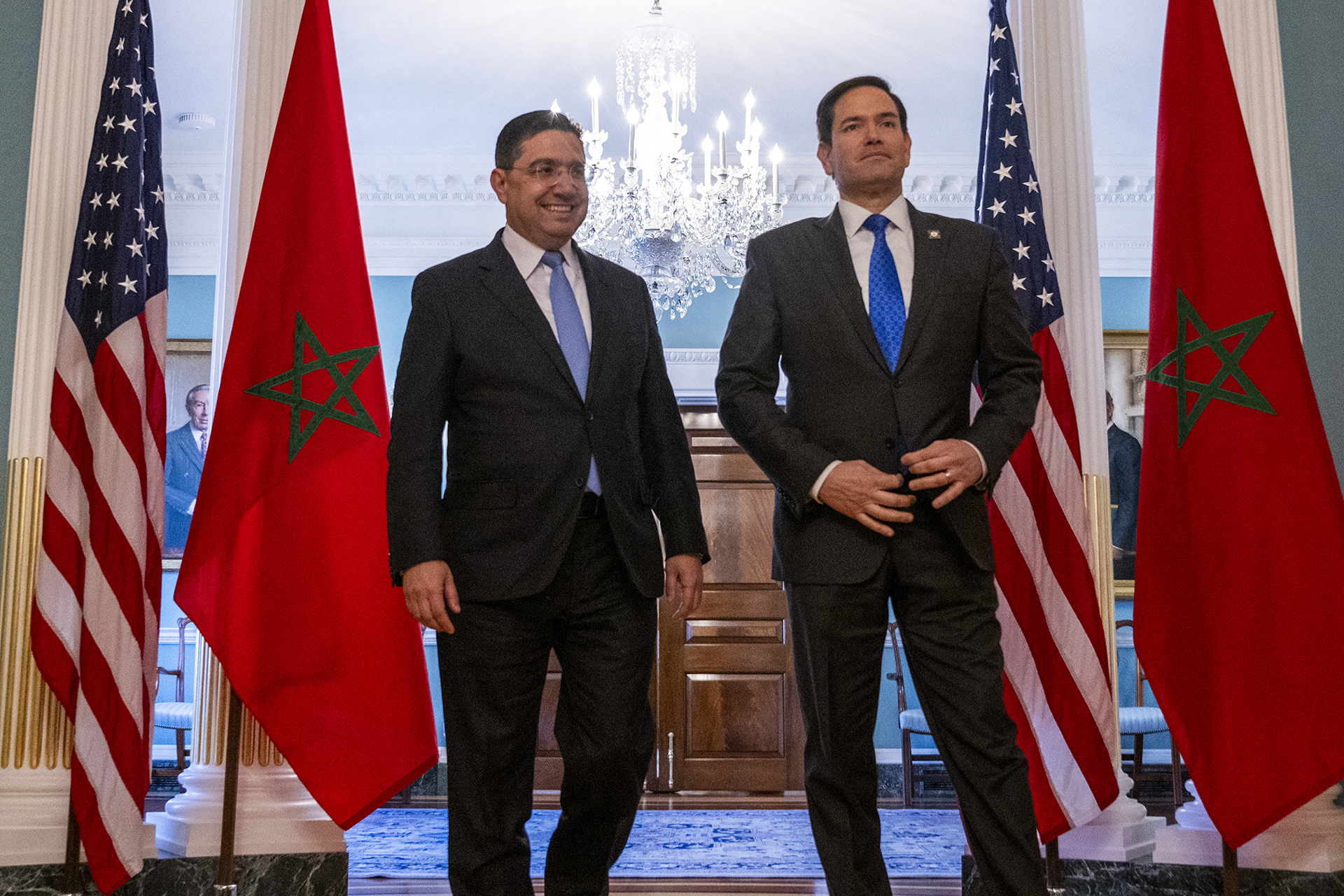 US Secretary of State Marco Rubio (R) and Moroccan Foreign Minister Nasser Bourita (L) meet at the State Department in Washington, DC, on April 8, 2025. (Photo by Jim WATSON / AFP)